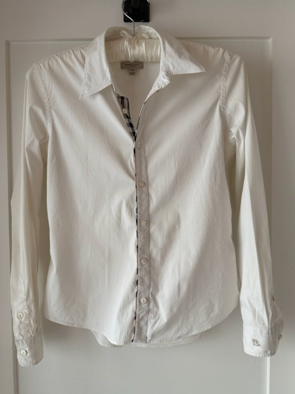 Burberry London White Cotton Button Up Shirt Sz S Nova Check Trim Stretch